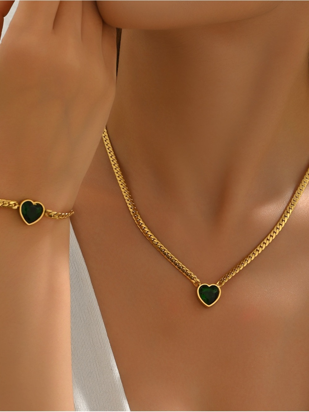 Gold Heart Pendant Necklace and Bracelet Set with Green Stone
